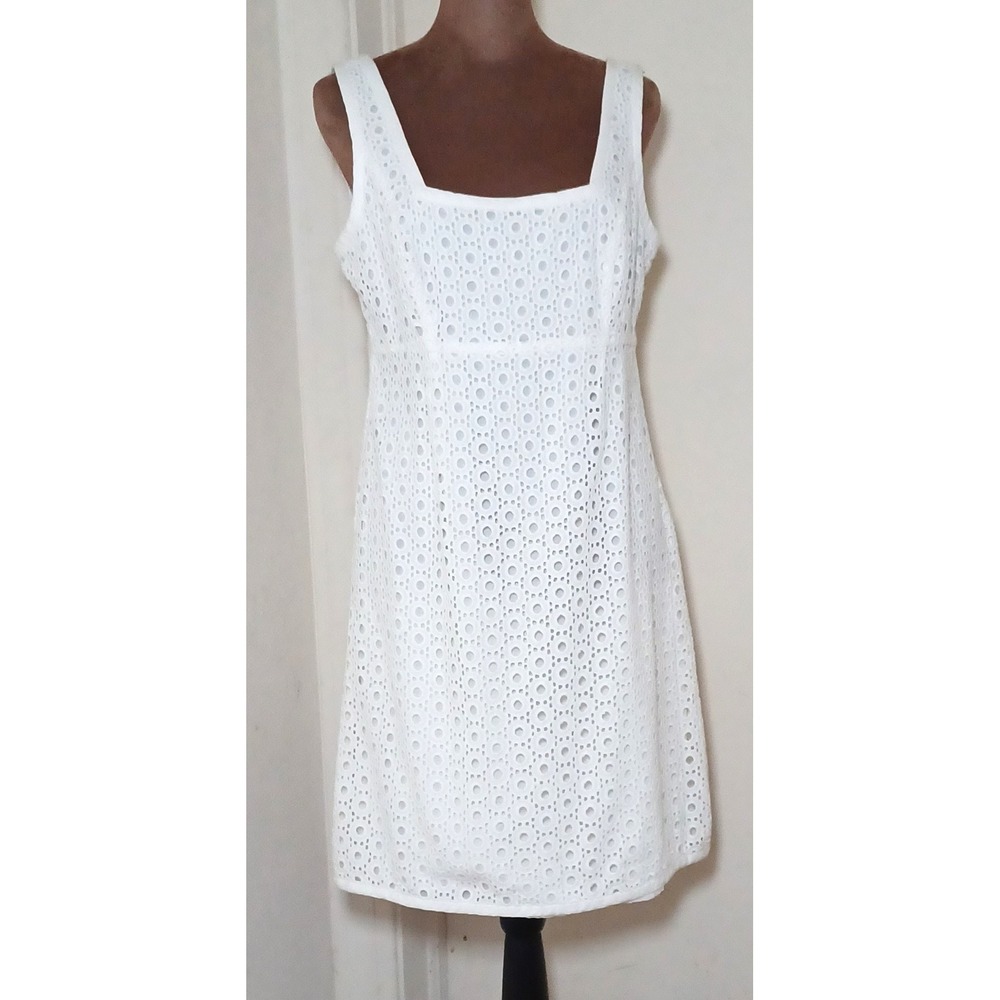 Nine West White Eyelet Sleeveless Square Neck Empire Waist Mini Dress Size 6